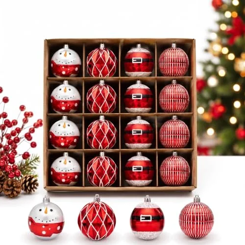16 Piece Snowman Santa Christmas Ball Ornaments 2.36 Inch Red White, product photograph