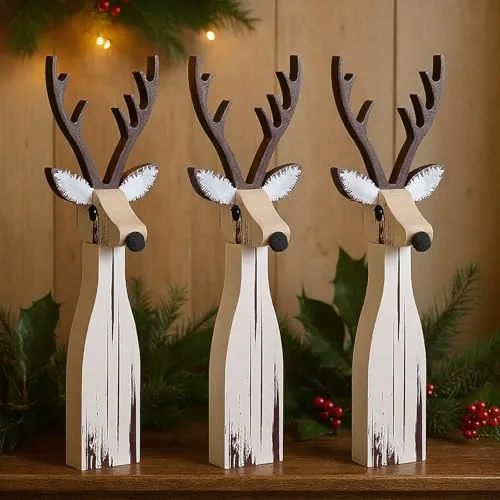 3 Piece Wooden Reindeer Figurines Reindeer Table Signs Deer, Brown, product photograph
