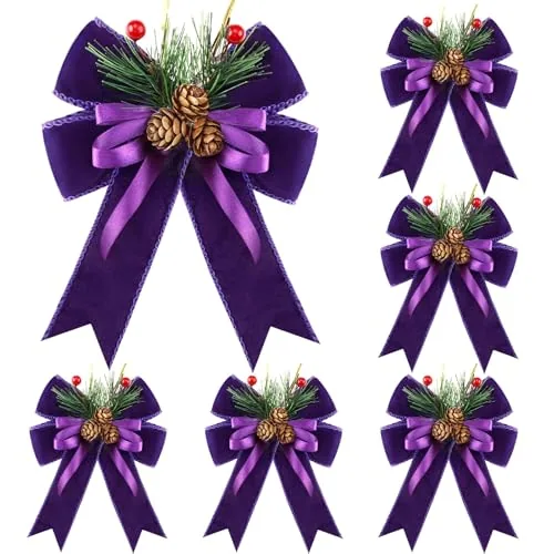 6 Piece Christmas Bows, Purple, product photograph