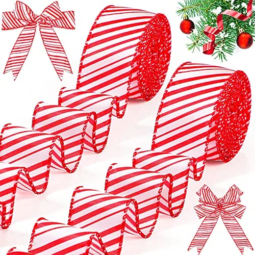 Folding 2 Rolls 20 Yards Christmas Candy Cane Wired Ribbons 1.5, Red, product photograph