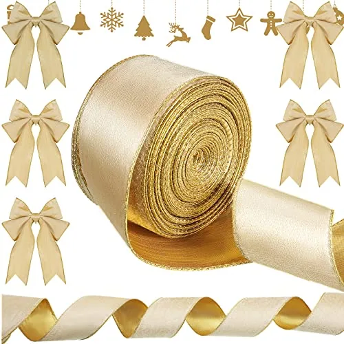 Velvet Ribbon 4 Inch X 60 Yard Gold Wired Gold Edge, product photograph