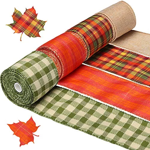 4 Roll Fall Ribbons 2.5′′ Thanksgiving Burlap Wired Edge, Orange, product photograph