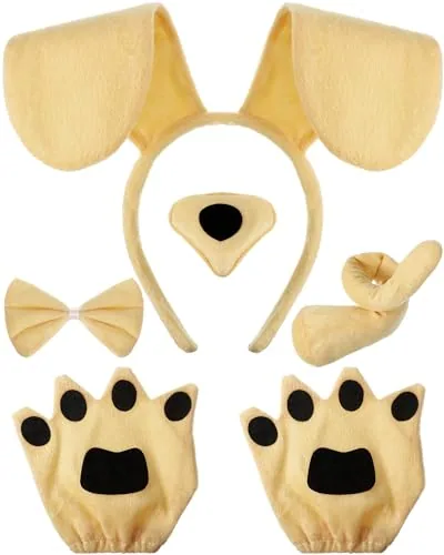 Puppy Dog Costume Set Ears Headband Bowtie Nose Tail Paw, Brown, product photograph