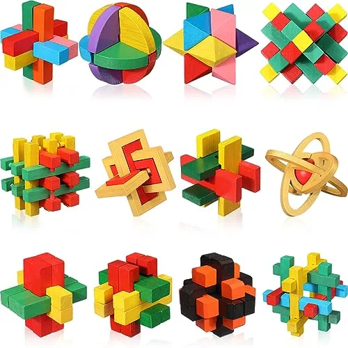 12 Piece Wooden Brain Teaser Puzzles 3D Logic Games, Multicolour, product photograph
