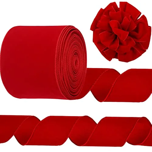 Velvet Ribbon 6 Inch X 60 Yard Scarlet Wired Gold Edge, product photograph
