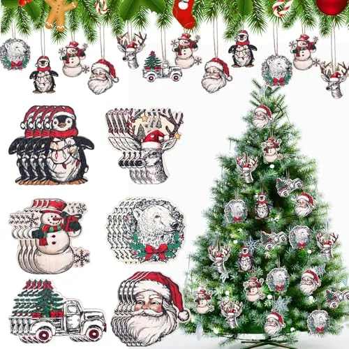 24 Piece Vintage Christmas Ornaments Wood Santa Snowman Elk Penguin, Multicolour, product photograph