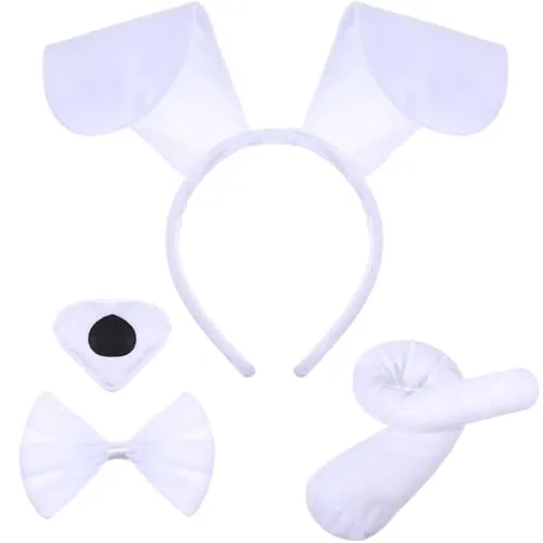 Puppy Dog Costume Set Ears Headband Bowtie Fake Nose Tail, White, product photograph
