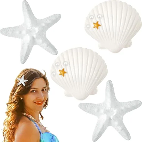 4 Piece Starfish Hair Clips Mermaid Accessories, White, product photograph