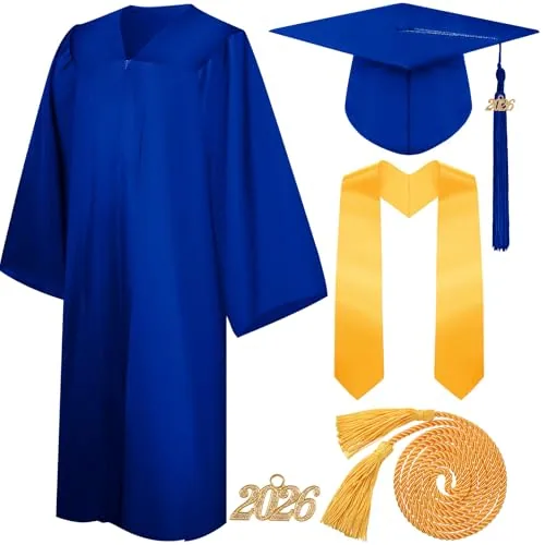 4 Piece 2026 Unisex Graduation Matte Gown Cap Tassel Stole Set, Gold, product photograph