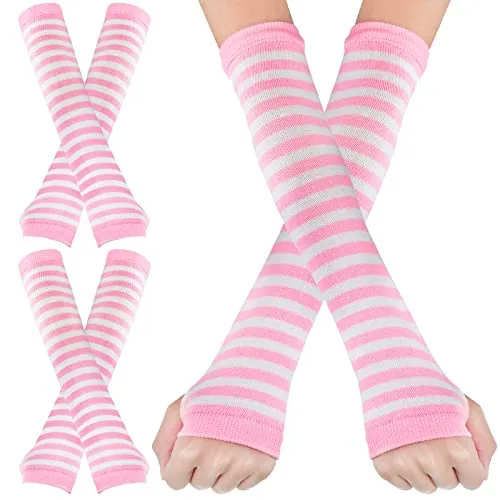 2 Pairs Long Fingerless Gloves Knit Arm Warmers, Pink, product photograph