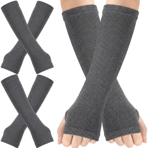2 Pairs Long Arm Warmers Knit Women Fingerless Gloves, Grey, product photograph