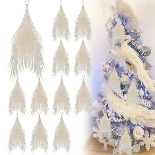 12 Piece Christmas Peacock Feather Ornaments, White, product photograph
