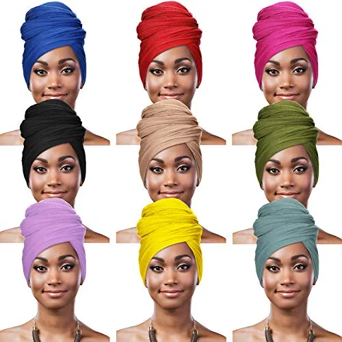 9 Piece Stretch Head Wraps in 9 Colors Scarf Women African Turban, product photograph