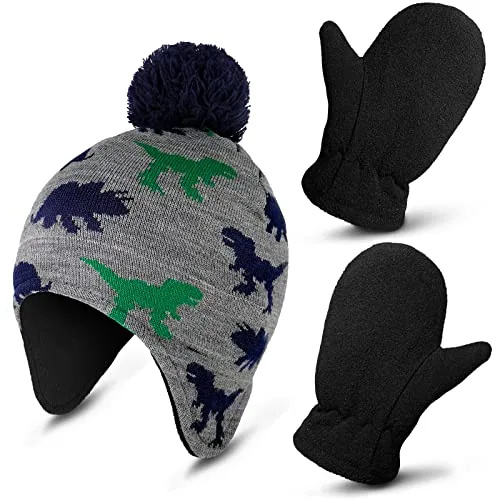 Toddlers Snow Gloves and Hats Knit Beanie Ski Earflap Hat, Black, product photograph