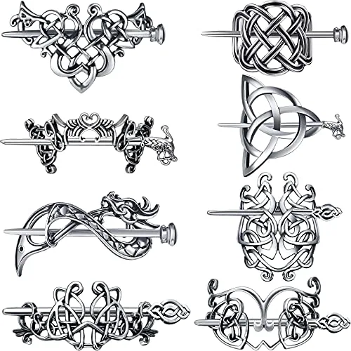 8 Piece Viking Celtic Hair Clips Vintage Knot Hair Stick Retro, Silver, product photograph