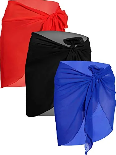 3 Piece Women Chiffon Short Sarongs Cover Ups Beach Swimsuit Wrap, Black, product photograph
