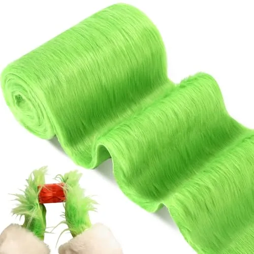 Wide Christmas Faux Fur Ribbon Trim Fabric Roll, Green, product photograph