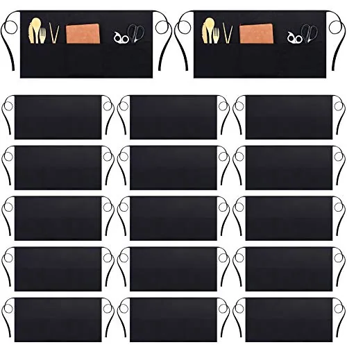 18 Piece Black Waist Aprons 3 Pockets Waiter Waitress Server Short, product photograph