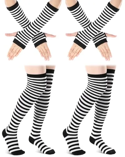 Womens Rainbow Striped Knee High Socks Arm Warmer, Black, product photograph